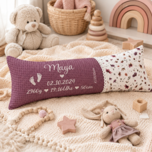 Geburtskissen mit echtmaße, das perfekte Geschenk zur Geburt für Babys und Eltern. Kissen ist in Farbe Beere und mit einem Blumenmotiv