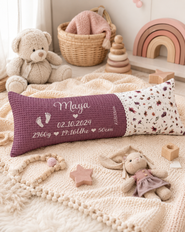 Geburtskissen mit echtmaße, das perfekte Geschenk zur Geburt für Babys und Eltern. Kissen ist in Farbe Beere und mit einem Blumenmotiv