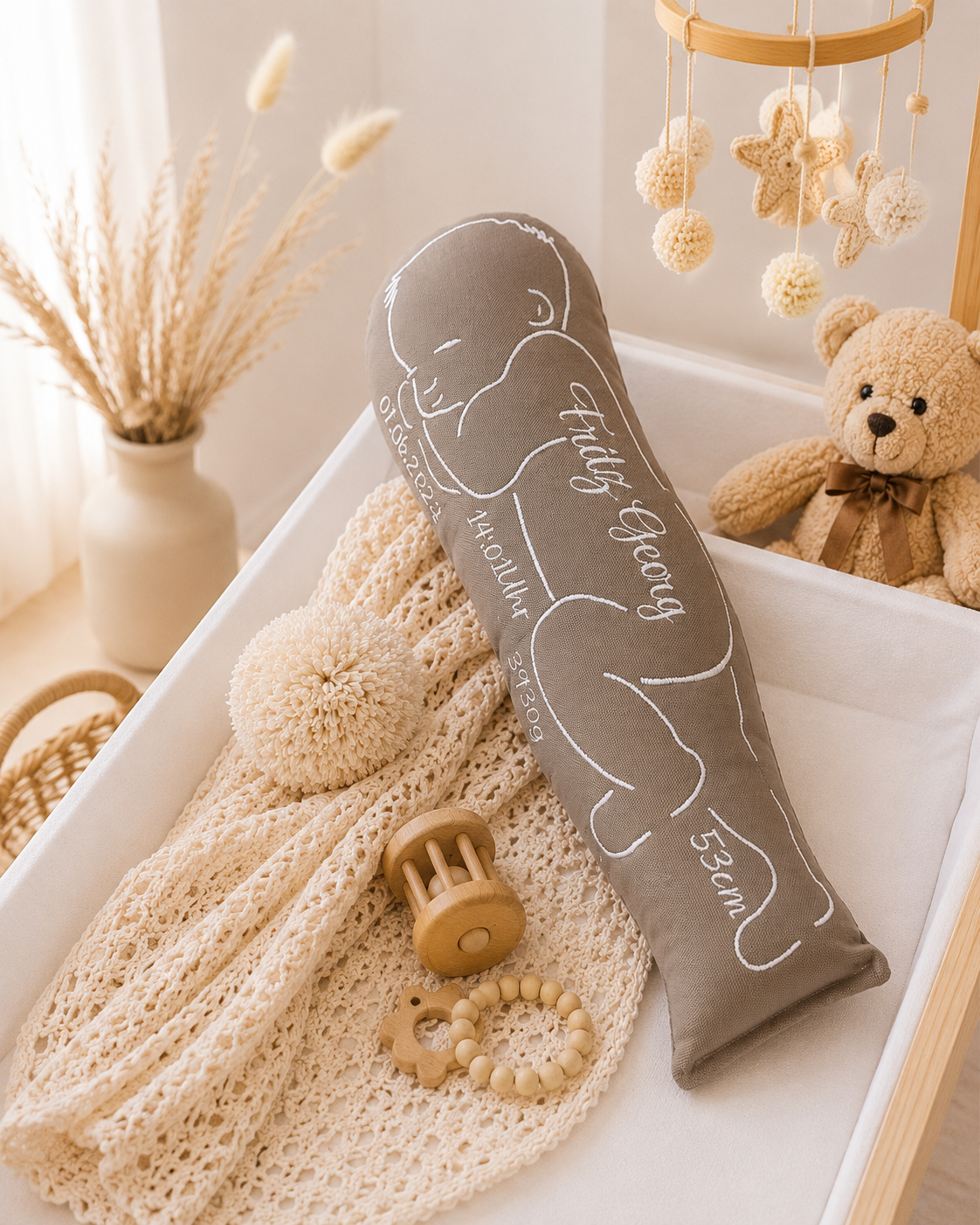 Kissen in Babyform Baby seitlich 1 in Taupe mit Name Fritz Georg