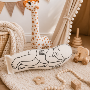 Kissen in Babyform Baby seitlich 3 in Naturweiß mit Name Levi Elia