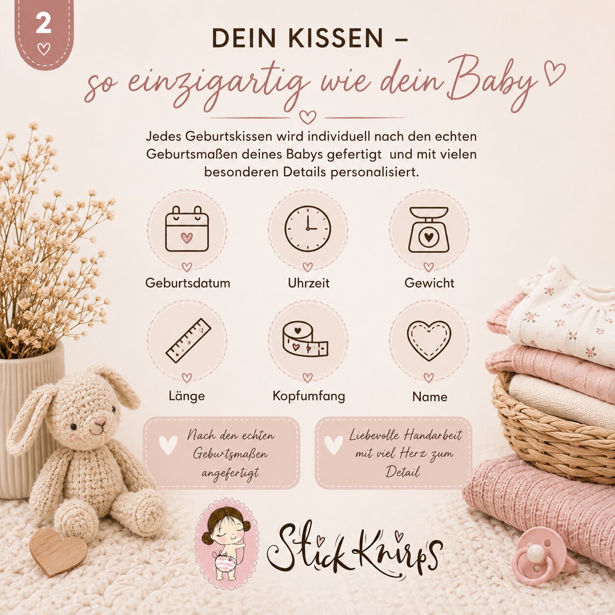 Dein Kissen – so einzigartig wie dein Baby: Geburtsdatum, Uhrzeit, Gewicht, Länge, Kopfumfang, Name