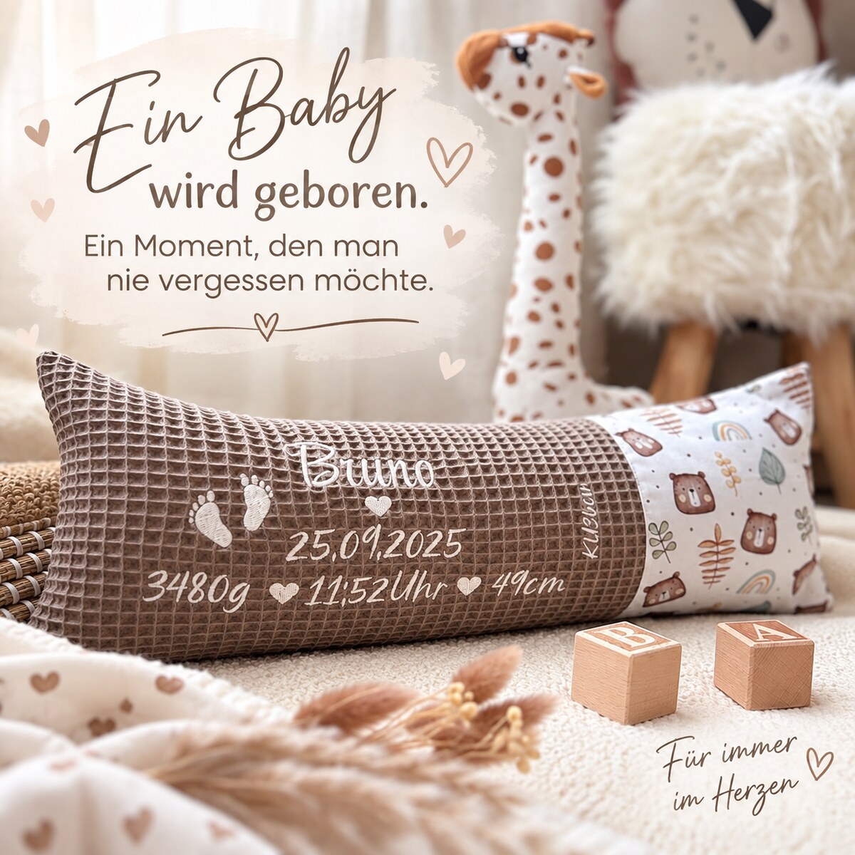 Geburtskissen mit Namen und Geburtsdaten – Ein Baby wird geboren