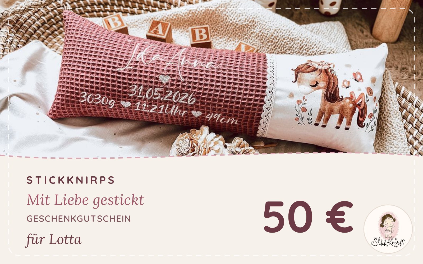 Geschenkgutschein Motiv Unser Kissen – Rosé (Beispiel)