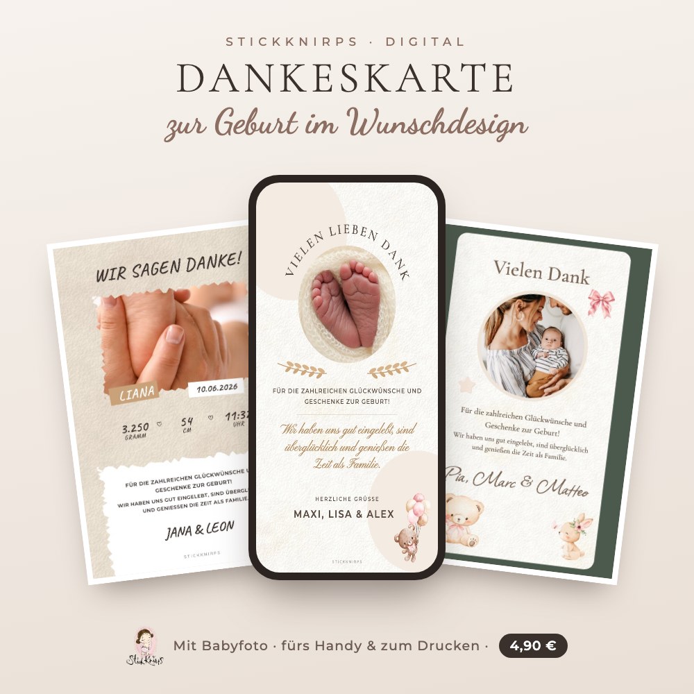 Dankeskarte zur Geburt im Wunschdesign (digital)