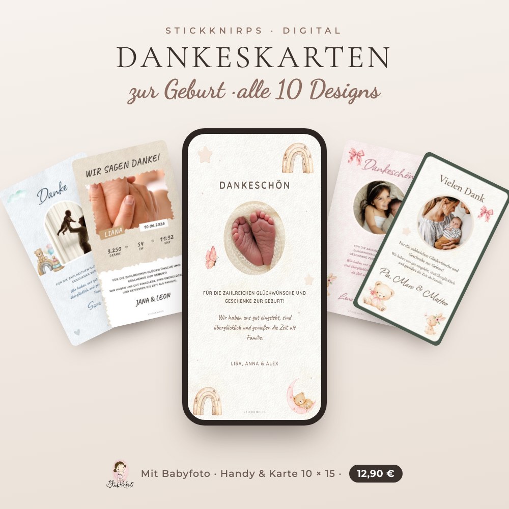 Dankeskarten zur Geburt – alle 10 Designs (digital)