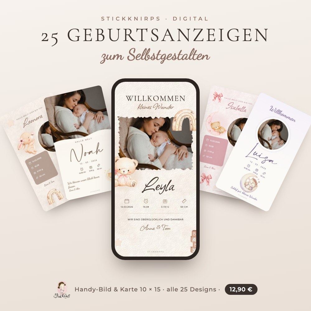 Digitale Geburtsanzeigen – 25 Designs mit Aquarell-Motiven zum Selbstgestalten