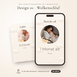 Meilensteinkarten mit Babyfoto – Design 01 Wolkenschlaf