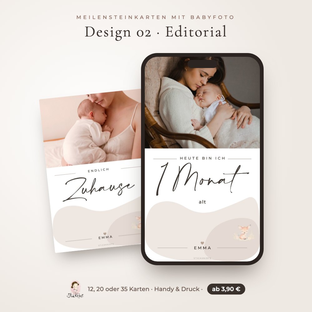Meilensteinkarten mit Babyfoto – Design 02 Editorial im Handy und als Karte