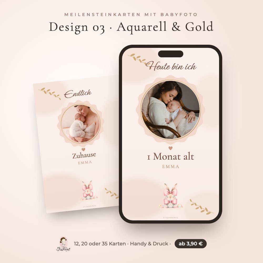 Meilensteinkarten mit Babyfoto – Design 03 Aquarell & Gold im Handy und als Karte
