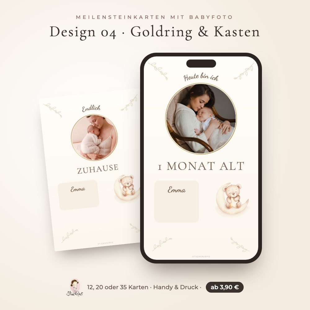 Meilensteinkarten mit Babyfoto – Design 04 Goldring & Kasten im Handy und als Karte