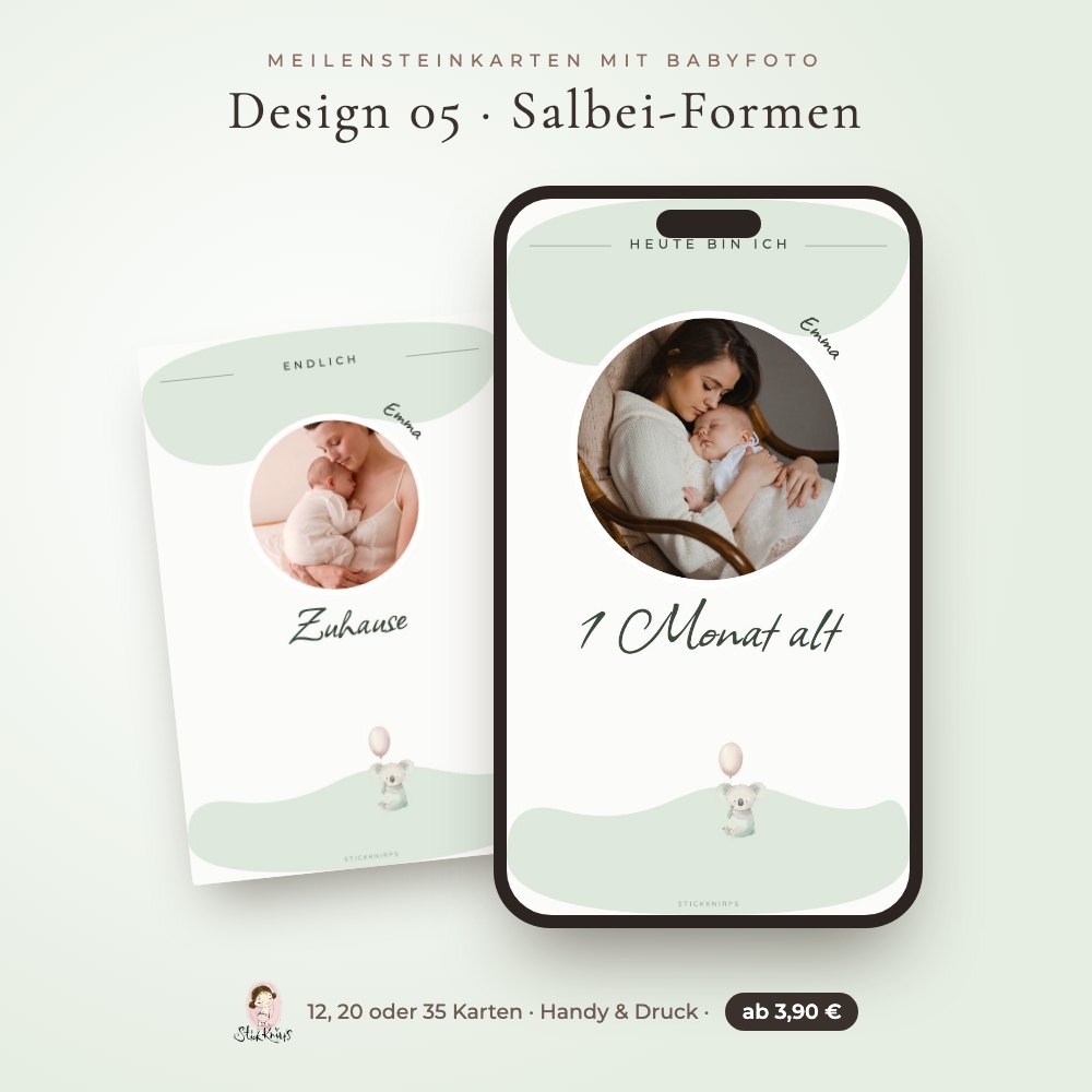 Meilensteinkarten mit Babyfoto – Design 05 Salbei-Formen im Handy und als Karte