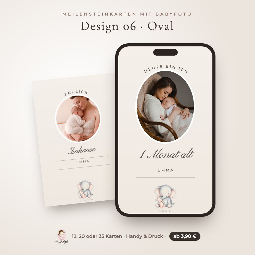 Meilensteinkarten mit Babyfoto – Design 06 Oval im Handy und als Karte