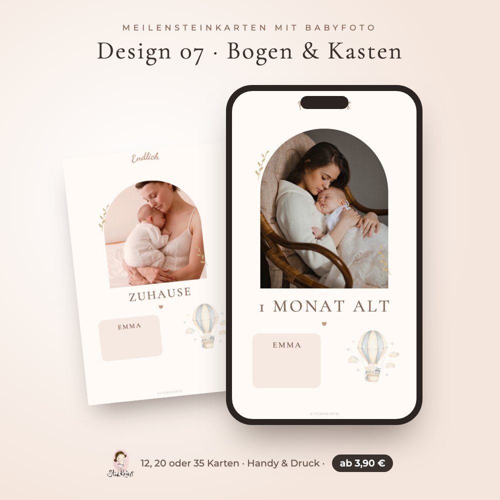 Meilensteinkarten mit Babyfoto – Design 07 Bogen & Kasten im Handy und als Karte