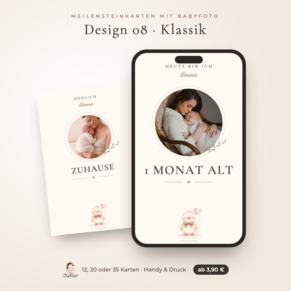 Meilensteinkarten mit Babyfoto – Design 08 Klassik im Handy und als Karte