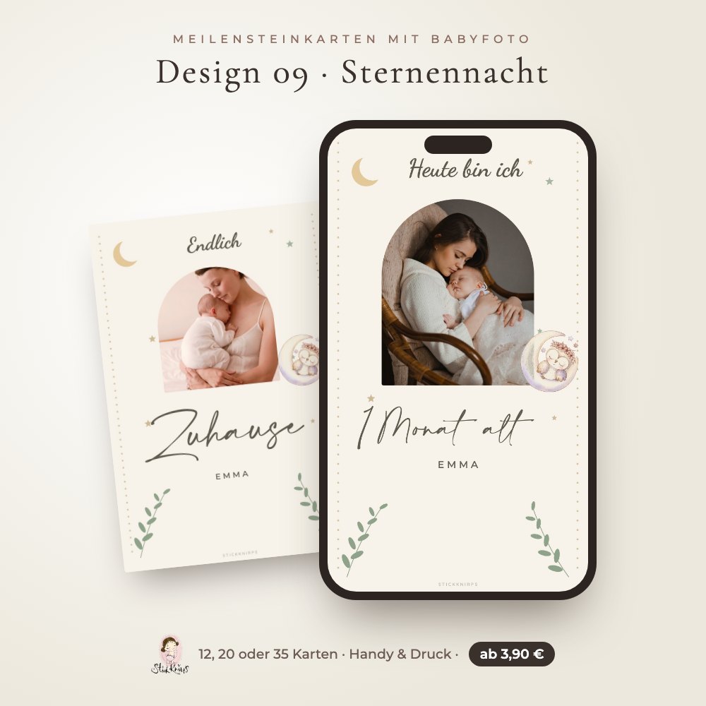 Meilensteinkarten mit Babyfoto – Design 09 Sternennacht im Handy und als Karte