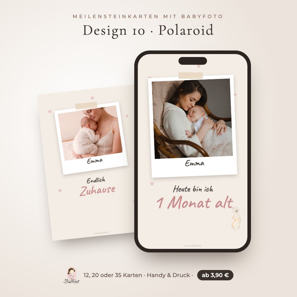 Meilensteinkarten mit Babyfoto – Design 10 Polaroid im Handy und als Karte