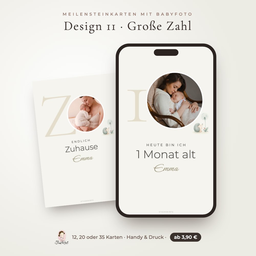 Meilensteinkarten mit Babyfoto – Design 11 Große Zahl im Handy und als Karte