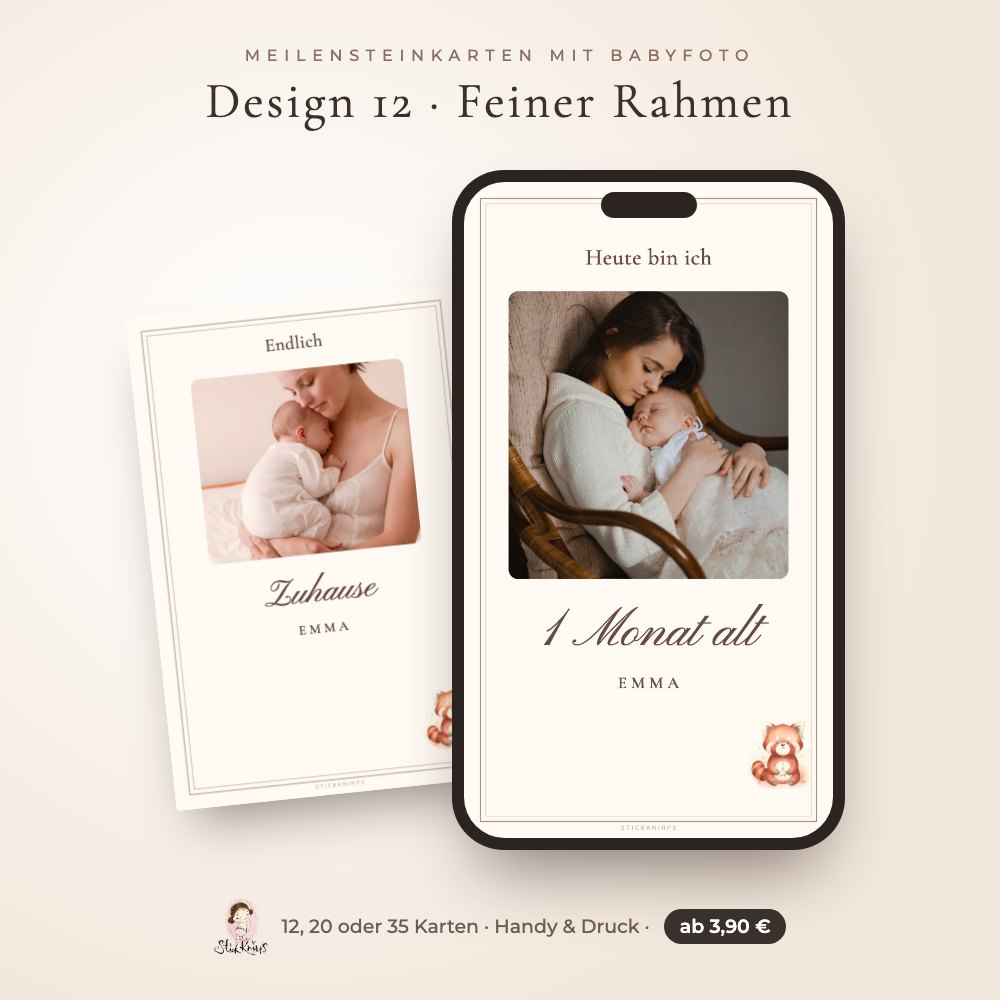 Meilensteinkarten mit Babyfoto – Design 12 Feiner Rahmen im Handy und als Karte