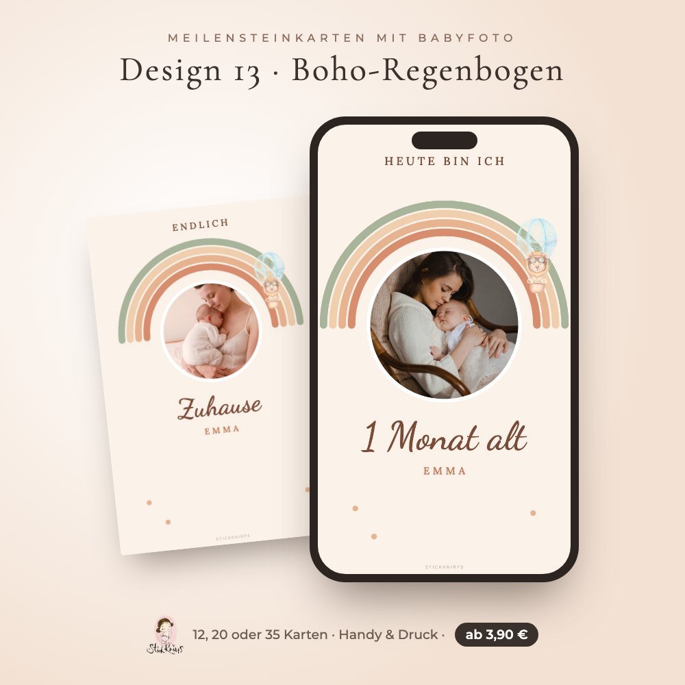 Meilensteinkarten mit Babyfoto – Design 13 Boho-Regenbogen im Handy und als Karte