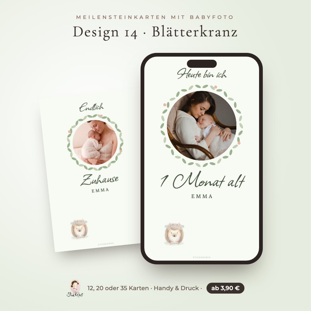 Meilensteinkarten mit Babyfoto – Design 14 Blätterkranz im Handy und als Karte