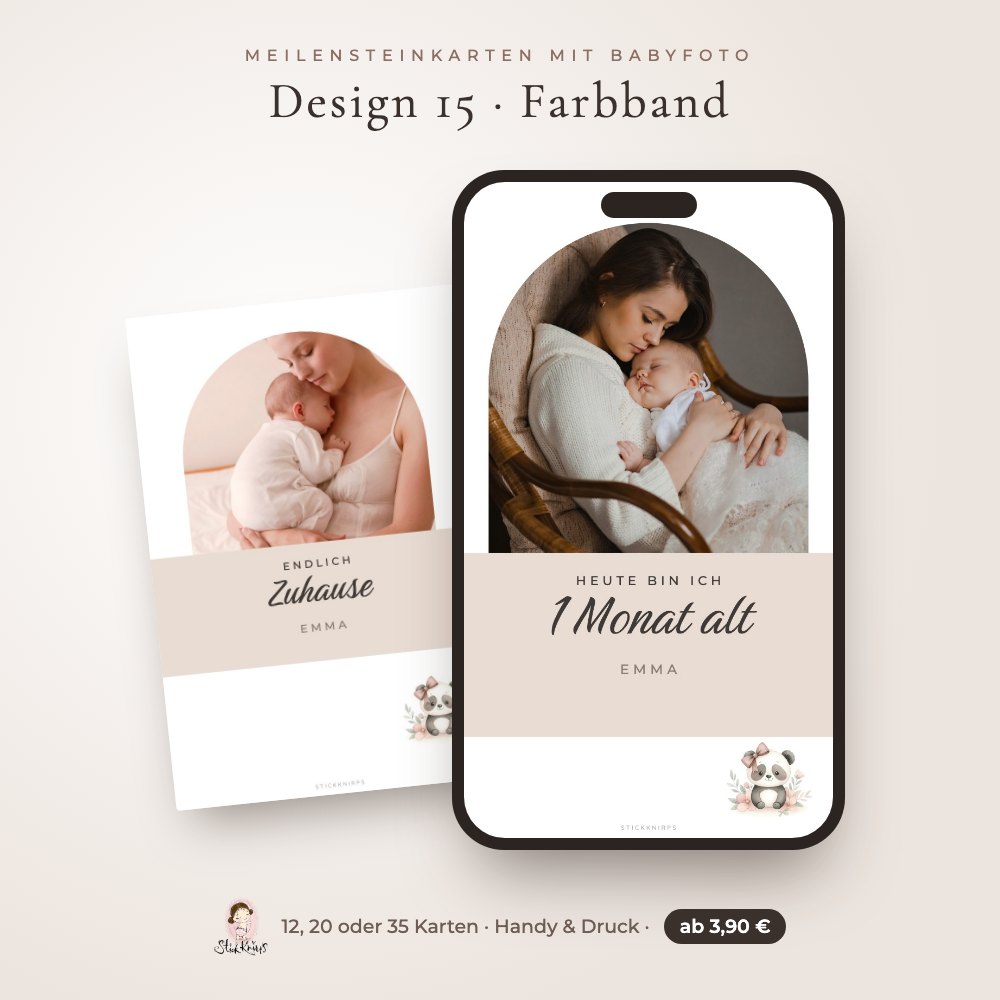 Meilensteinkarten mit Babyfoto – Design 15 Farbband im Handy und als Karte