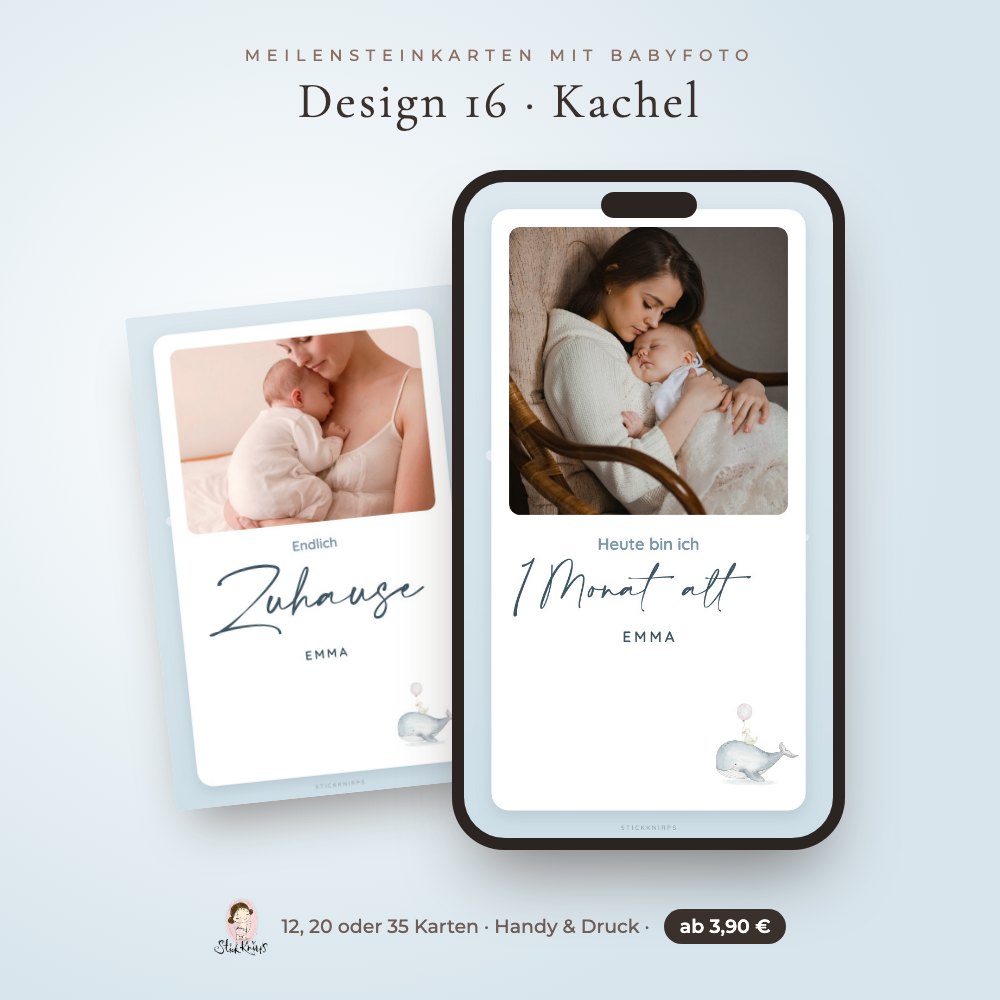 Meilensteinkarten mit Babyfoto – Design 16 Kachel im Handy und als Karte