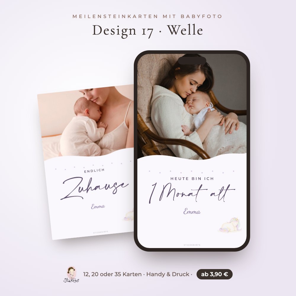 Meilensteinkarten mit Babyfoto – Design 17 Welle im Handy und als Karte