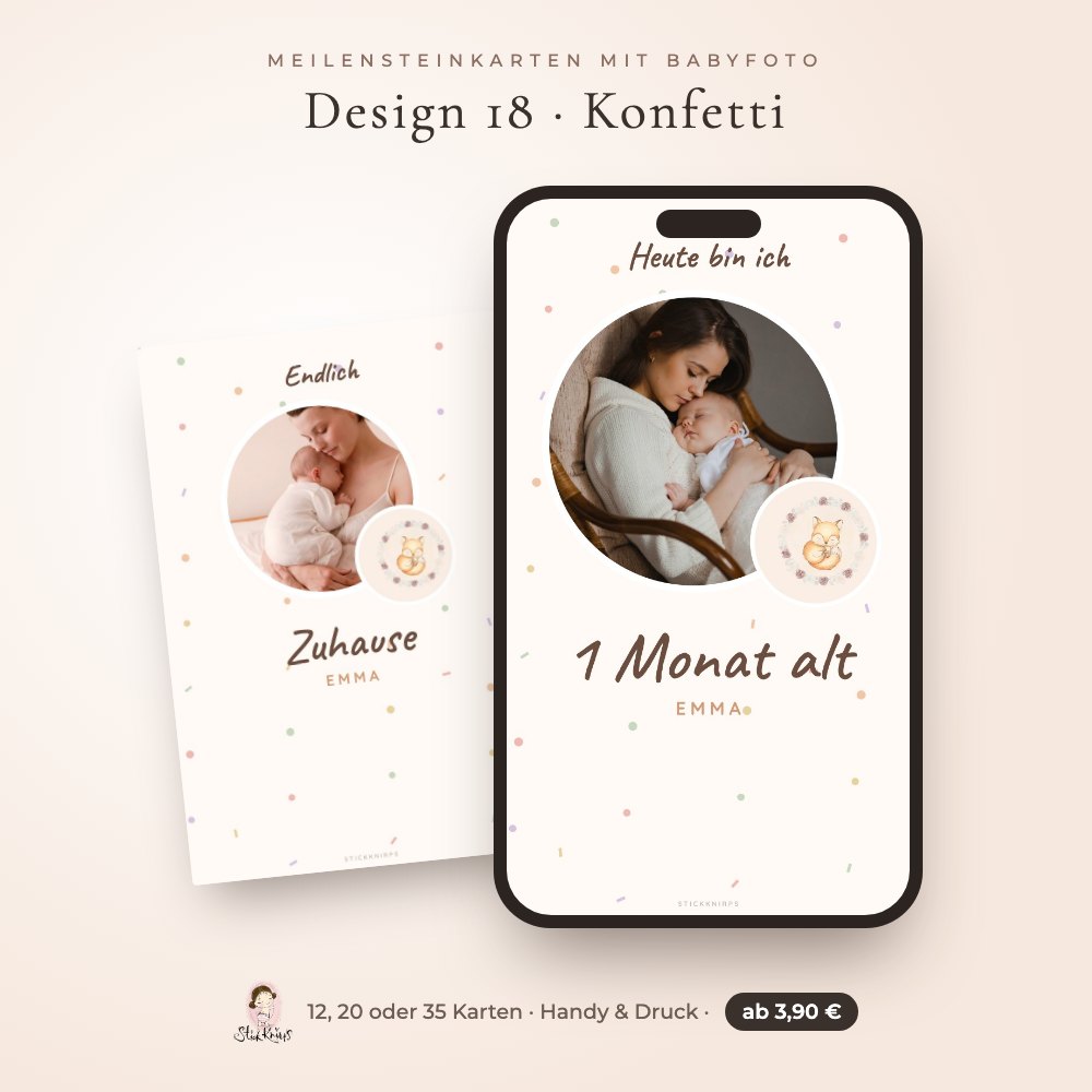 Meilensteinkarten mit Babyfoto – Design 18 Konfetti im Handy und als Karte