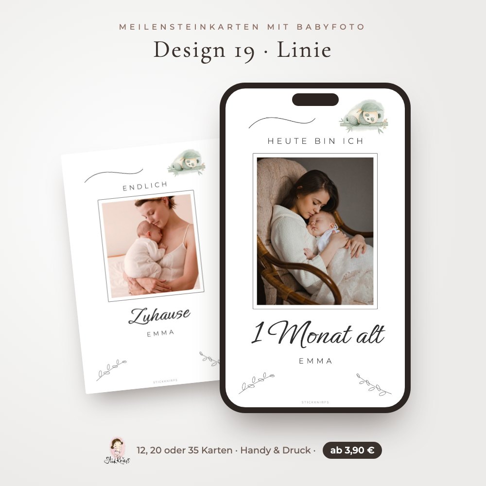 Meilensteinkarten mit Babyfoto – Design 19 Linie im Handy und als Karte