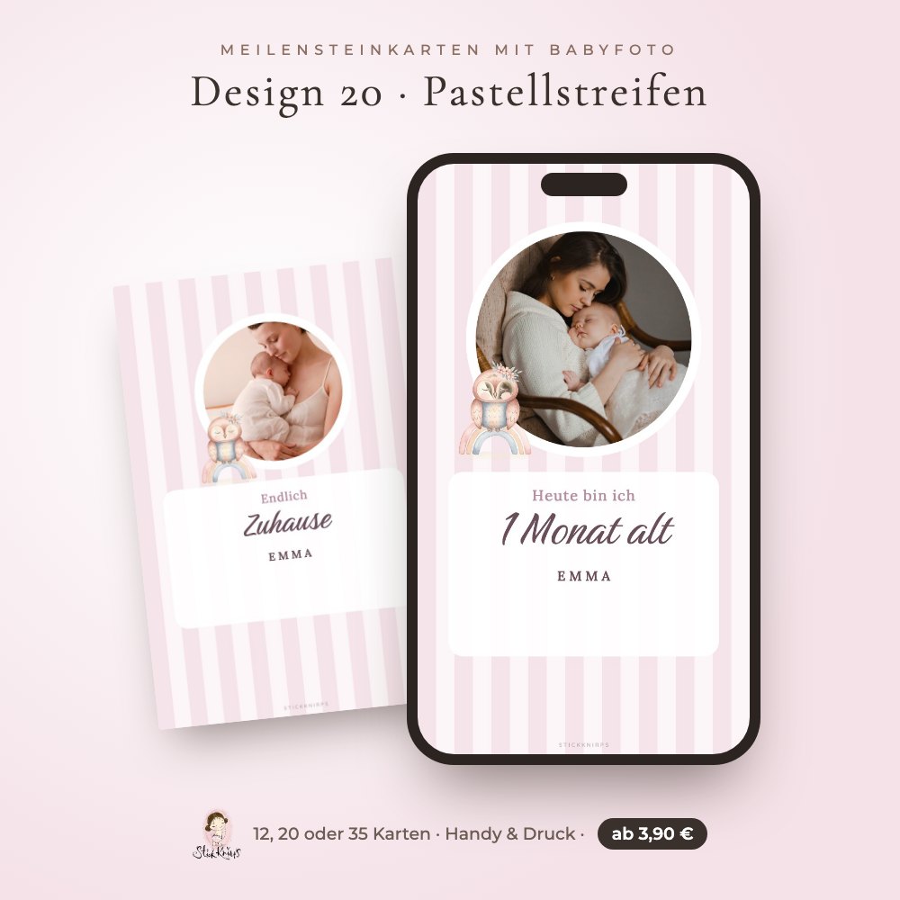 Meilensteinkarten mit Babyfoto – Design 20 Pastellstreifen im Handy und als Karte